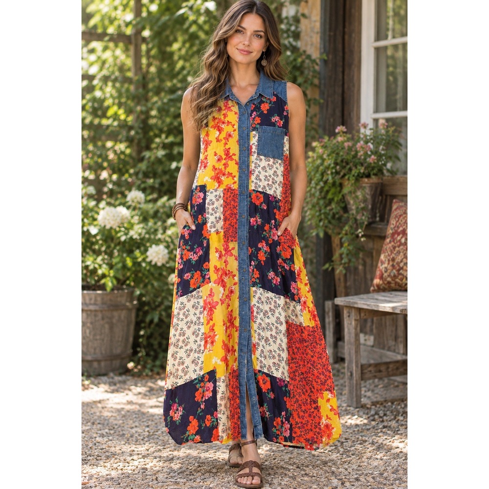 Oddi Womens 3XL Patchwork Floral Denim Sleeveless Button Front Maxi Dress Boho